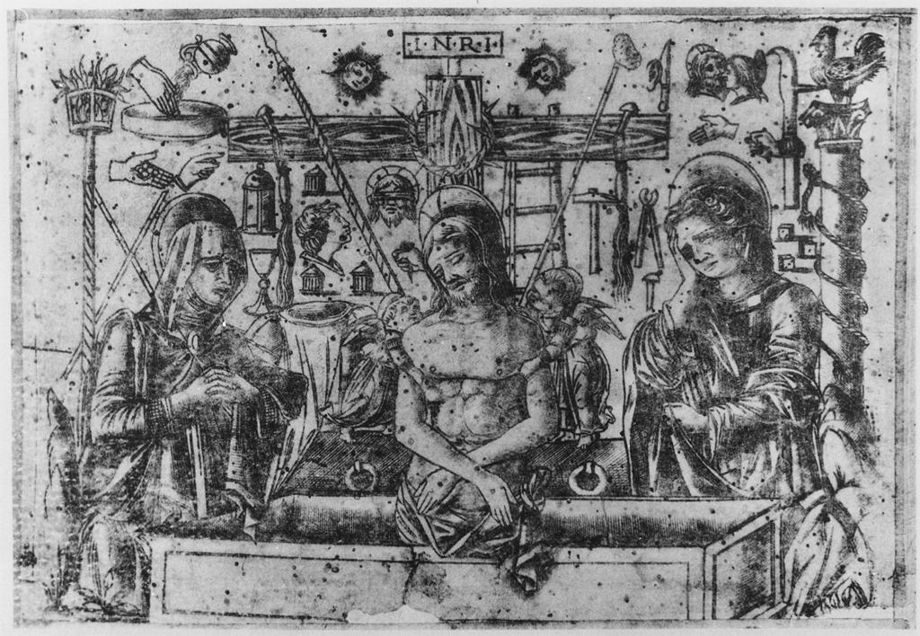 Figure 1. Anonymous Ferrarese Engravers, Man of Sorrows with the Virgin and St. John Surrounded by Instruments of the Passion, fifteenth century, engraving